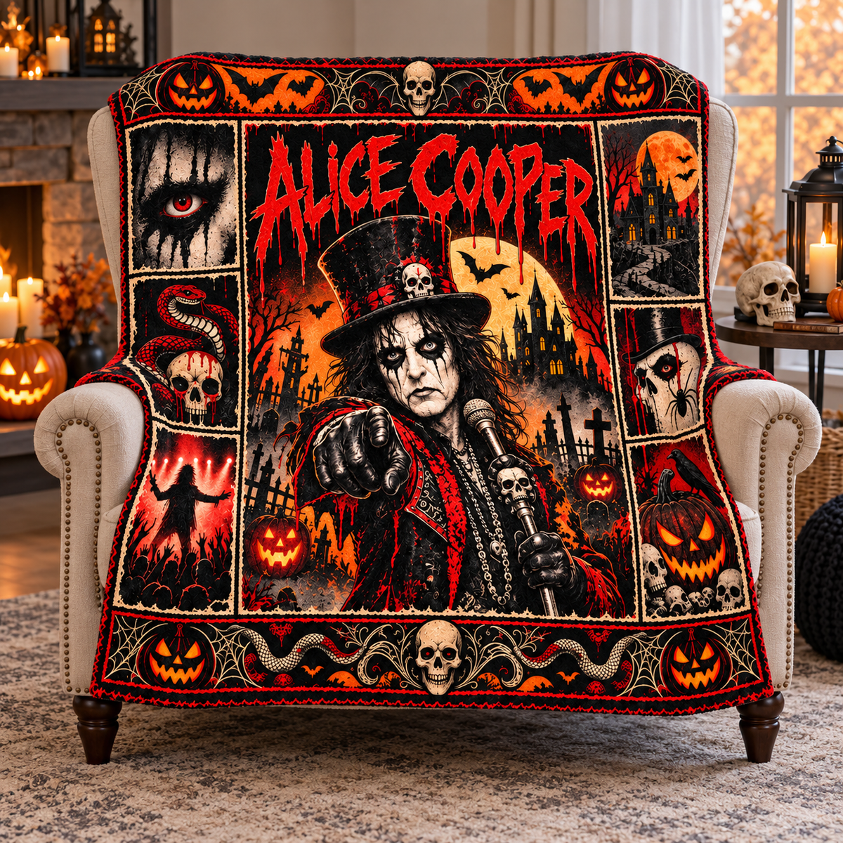 Kiss Four Band Figures Pumpkins Fleece Blanket For Spooky Rock Halloween Nights NDN 3