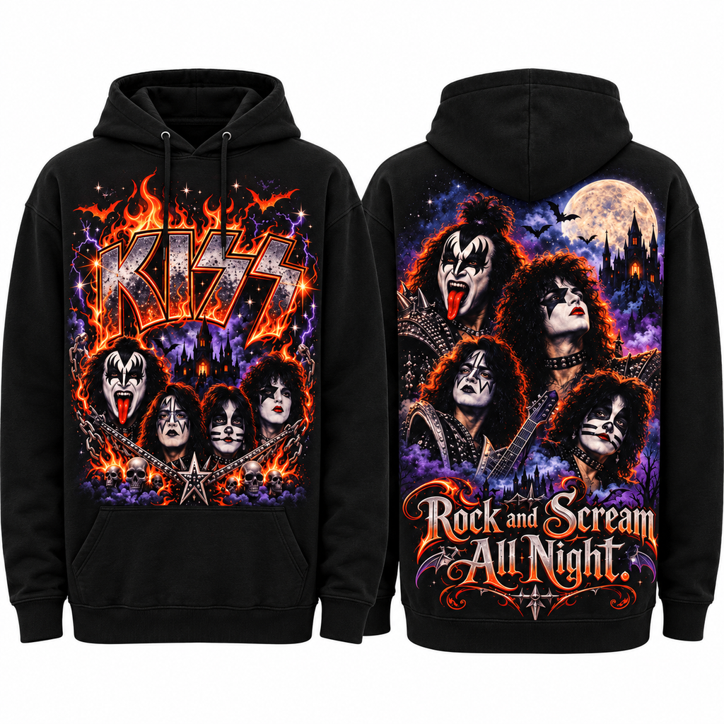 Kiss Four Faces Fire Rock And Scream All Night Moon Hoodie for Classic Shock Rock Fans NDN 1