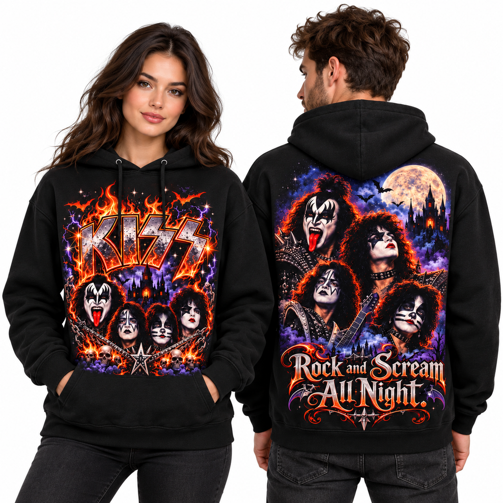 Kiss Four Faces Fire Rock And Scream All Night Moon Hoodie for Classic Shock Rock Fans NDN 2
