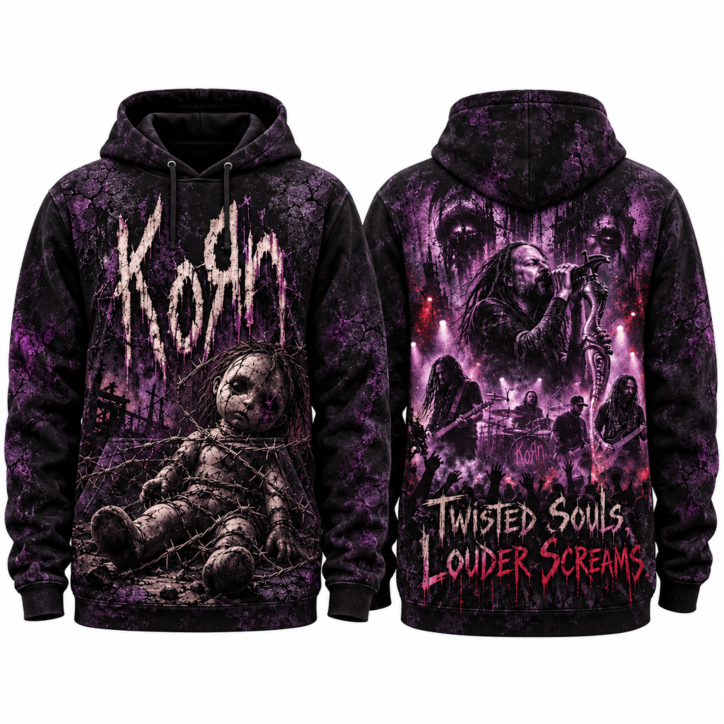 Korn Distressed Purple Lettering Twisted Souls Louder Screams Hoodie for Loud Nu Metal Fans NDN 1