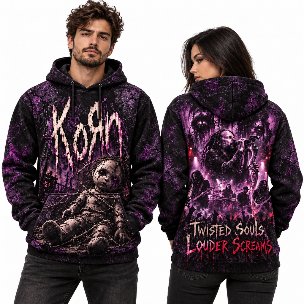 Korn Distressed Purple Lettering Twisted Souls Louder Screams Hoodie for Loud Nu Metal Fans NDN 2