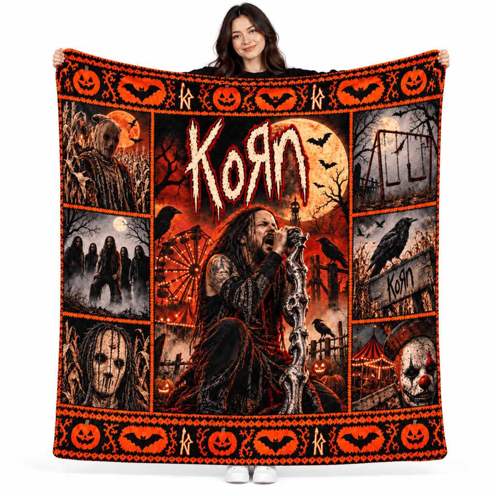 Korn Orange Scarecrow Red Black Figure Fleece Blanket For Halloween Rock Nights NDN 1