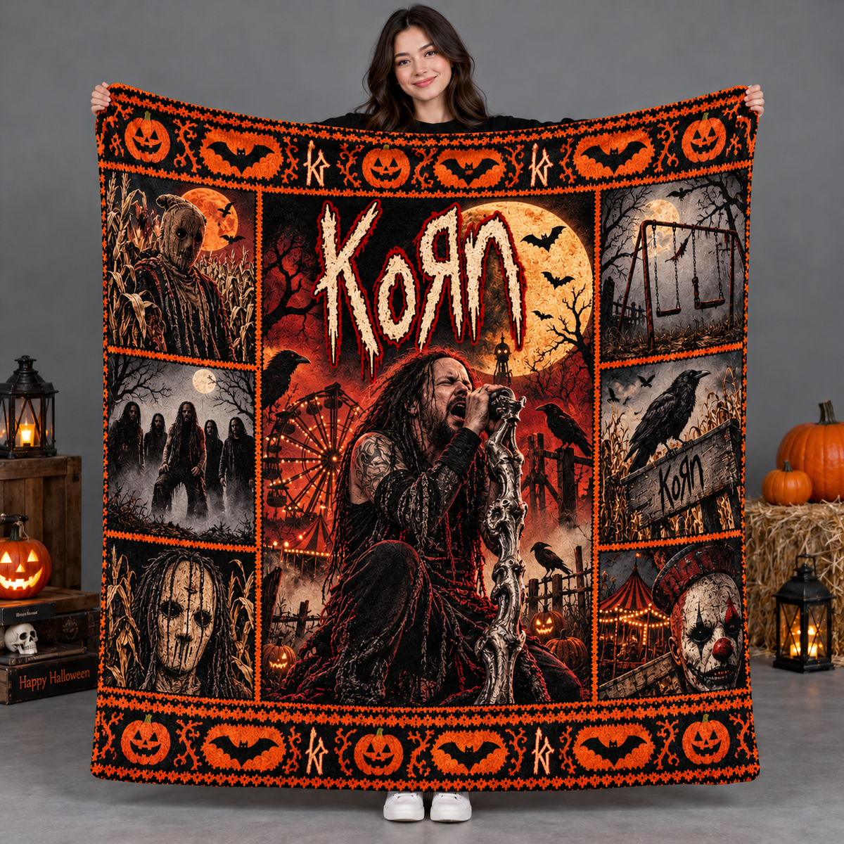 Korn Orange Scarecrow Red Black Figure Fleece Blanket For Halloween Rock Nights NDN 2