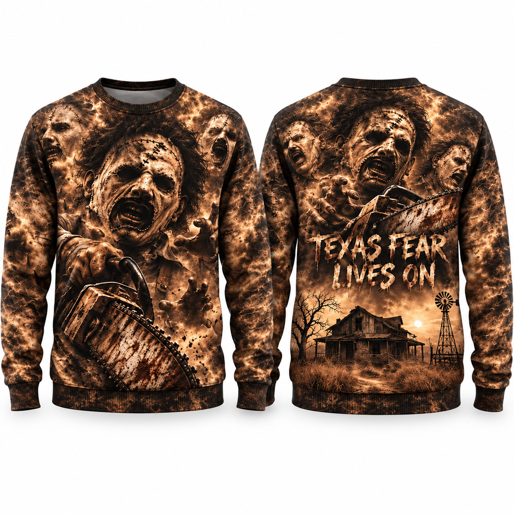 Leatherface Chainsaw Barn Texas Fear Lives On Sweater for Texas Horror Night Fans NDN 1