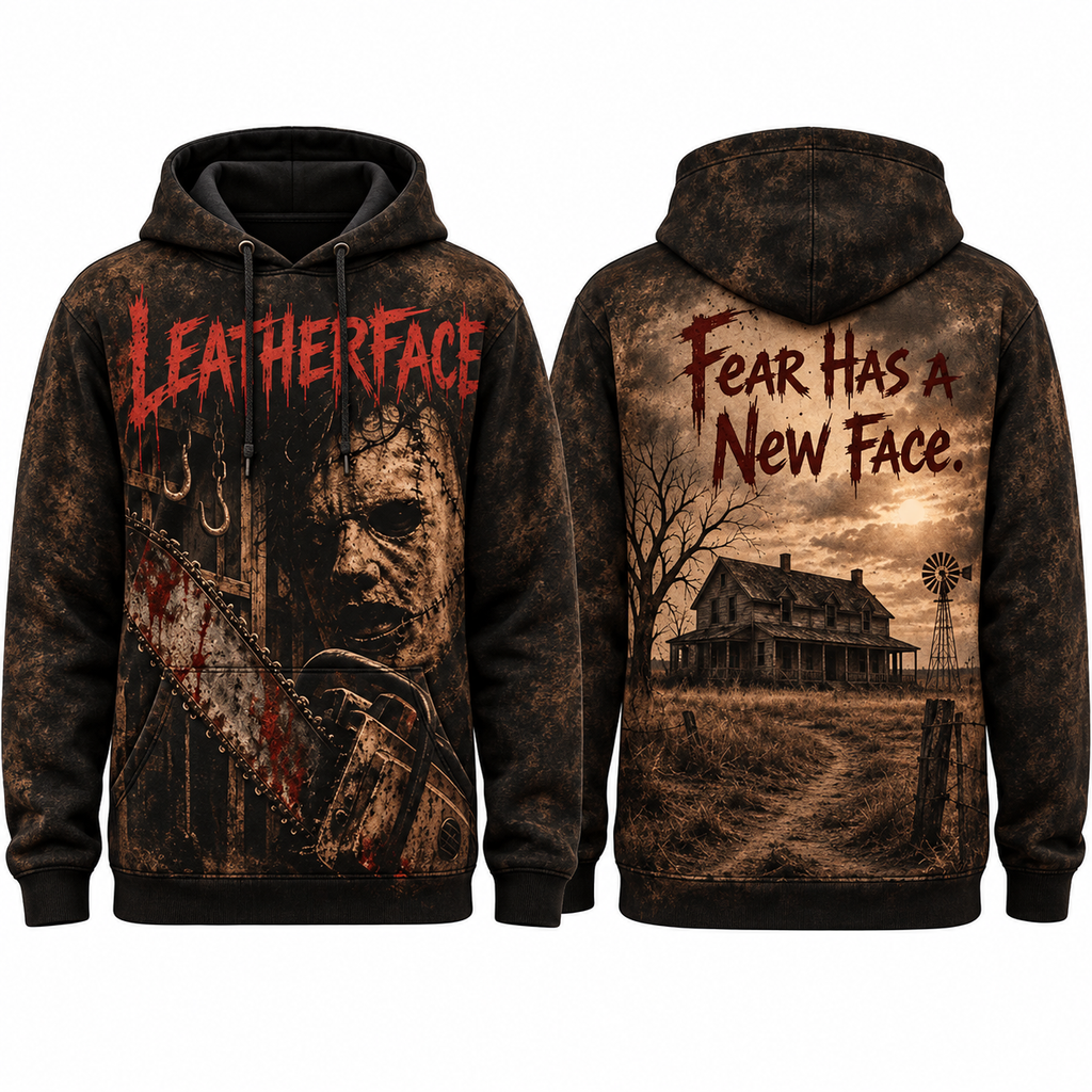 Leatherface Dripping Red Fear Has A New Face Farmhouse Hoodie for Slasher Movie Fans NDN 1