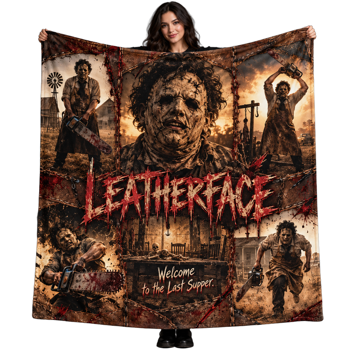 Leatherface Sepia Portrait And Chainsaw Figures Fleece Blanket For Fans Of Backwoods Horror NDN 1