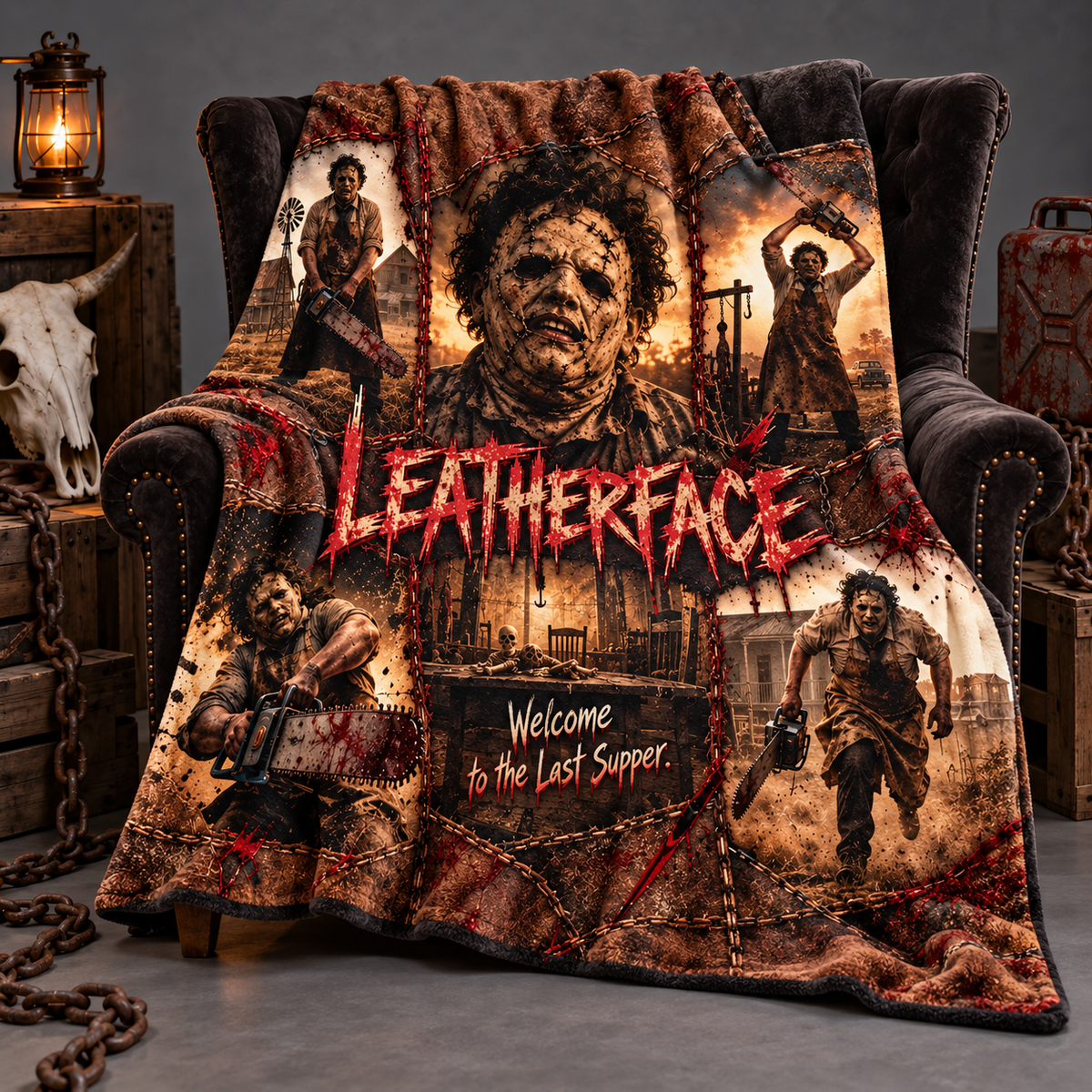 Leatherface Sepia Portrait And Chainsaw Figures Fleece Blanket For Fans Of Backwoods Horror NDN 2