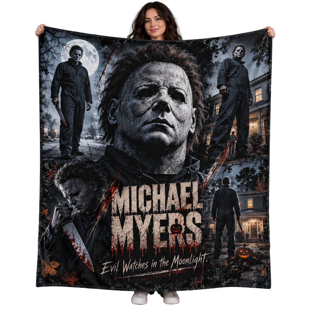 Michael Myers Mask Portrait And Orange Shadows Fleece Blanket For Halloween Slasher Movie Nights NDN 1