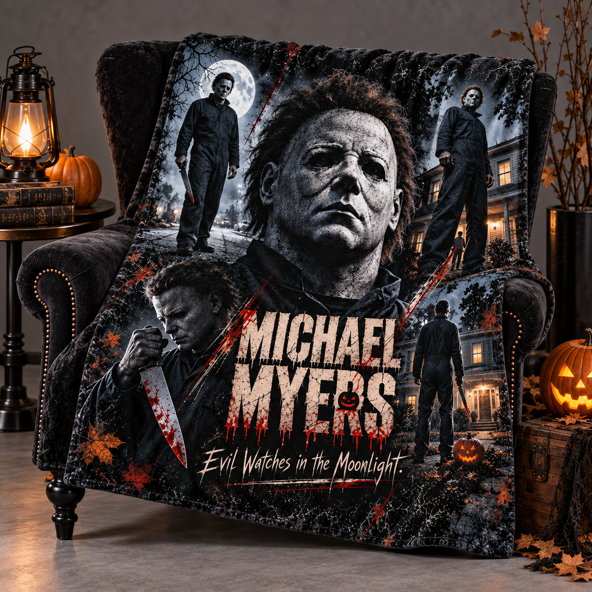 Michael Myers Mask Portrait And Orange Shadows Fleece Blanket For Halloween Slasher Movie Nights NDN 2