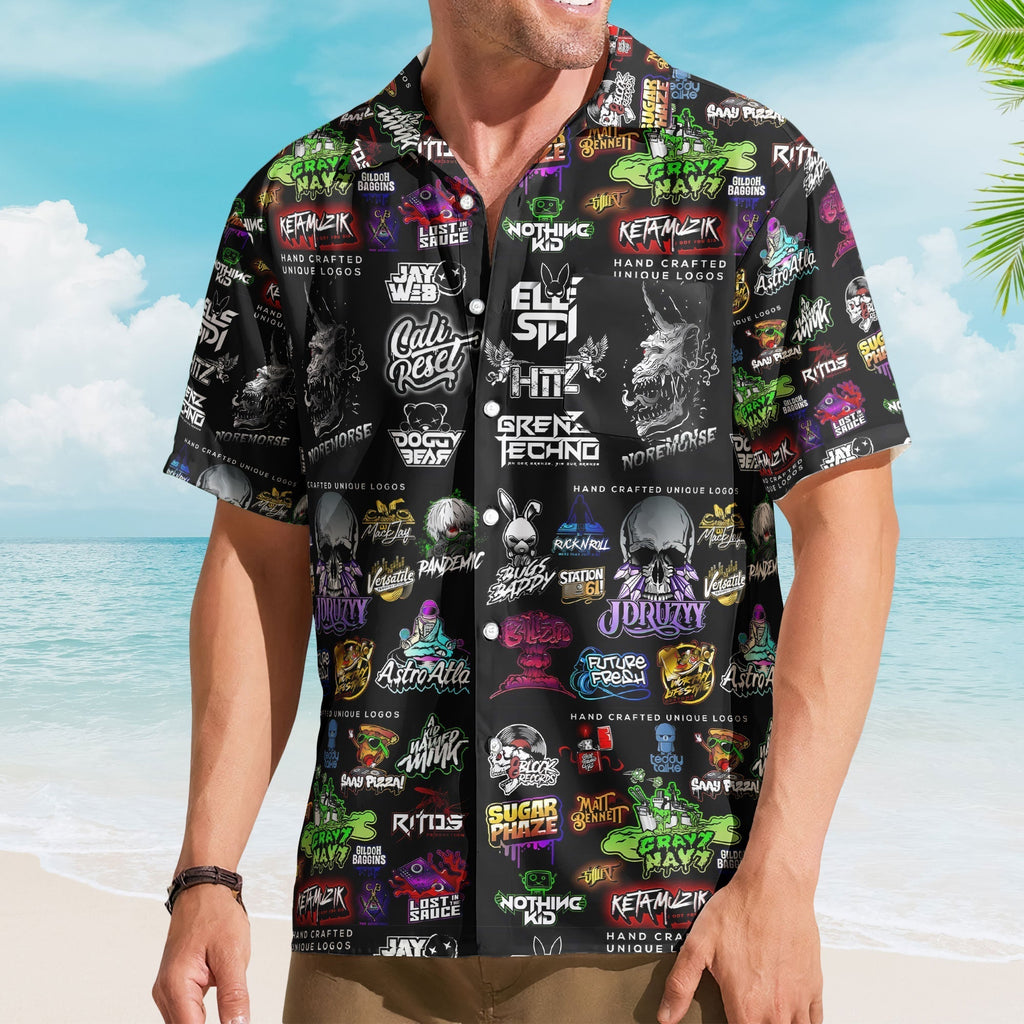 Underground Techno Streetwear Graffiti Black Hawaiian Shirt - Unisex Cyberpunk DJ Festival Summer Button Up