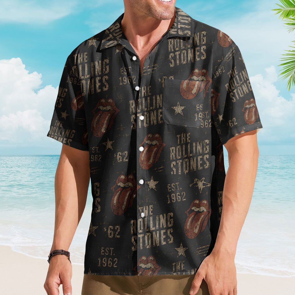 The Rolling Stones Hawaiian Shirt - Unisex Classic Rock Tongue Logo Black Button Up