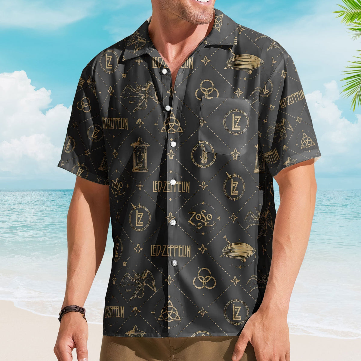 Led Zeppelin Symbols Hawaiian Shirt Vintage Gold Icon Resort Shirt for Classic Rock Fans