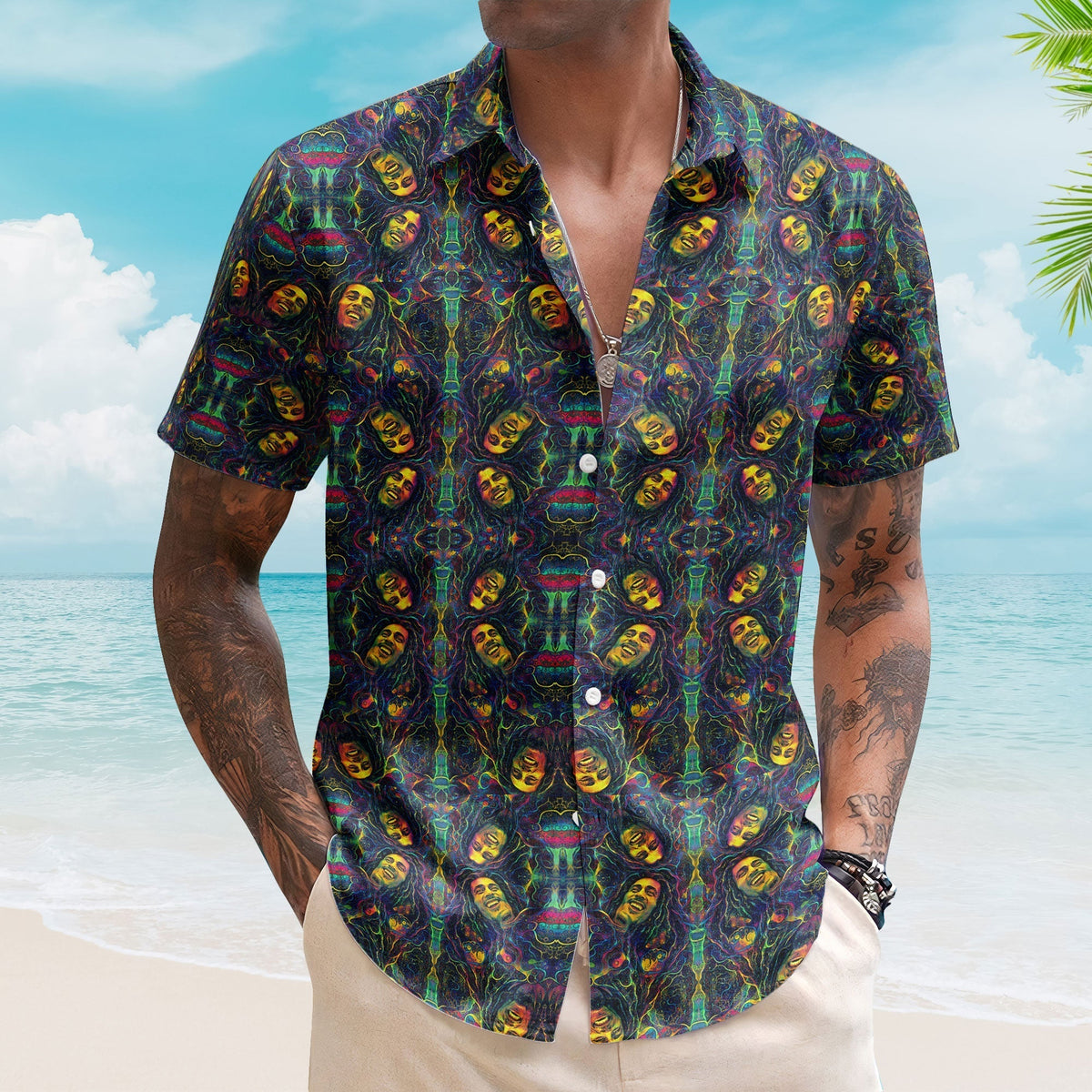 Bob Marley Unisex Hawaiian Shirt Retro Reggae Music Aloha Button-Up Shirt