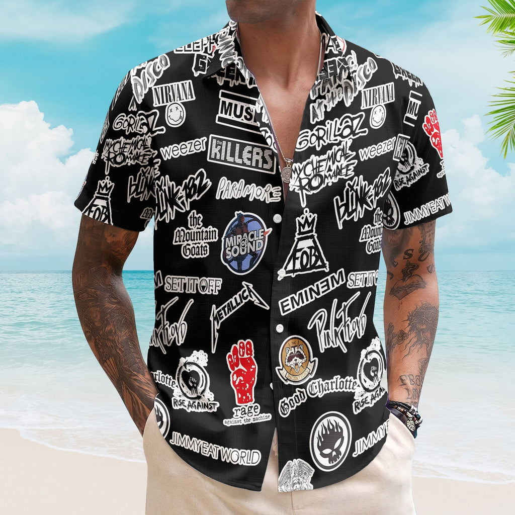 Alternative Rock And Pop Punk Band Logos Hawaiian Shirt - Unisex Black Summer Rock Concert Shirt