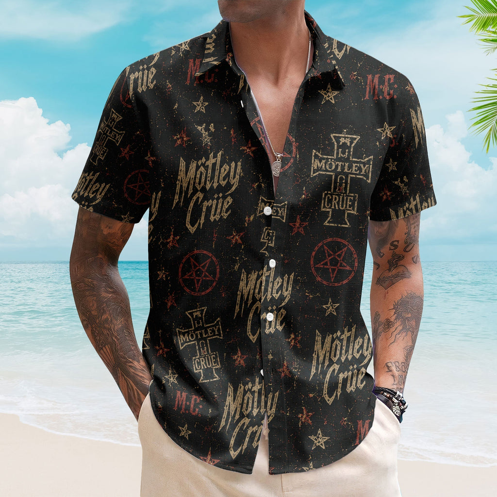 Motley Crue Hawaiian Shirt - Unisex Retro Shout At The Devil Iron Cross All-Over Print Button Up