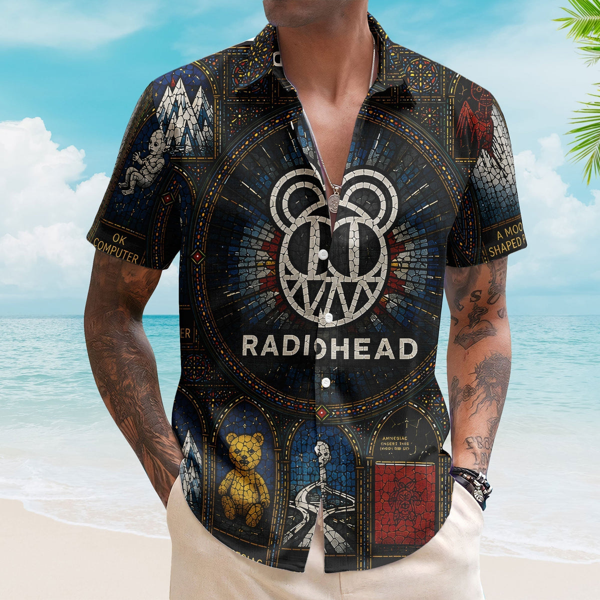Radiohead Hawaiian Shirt - Unisex Retro Modified Bear Cathedral Window Button Up