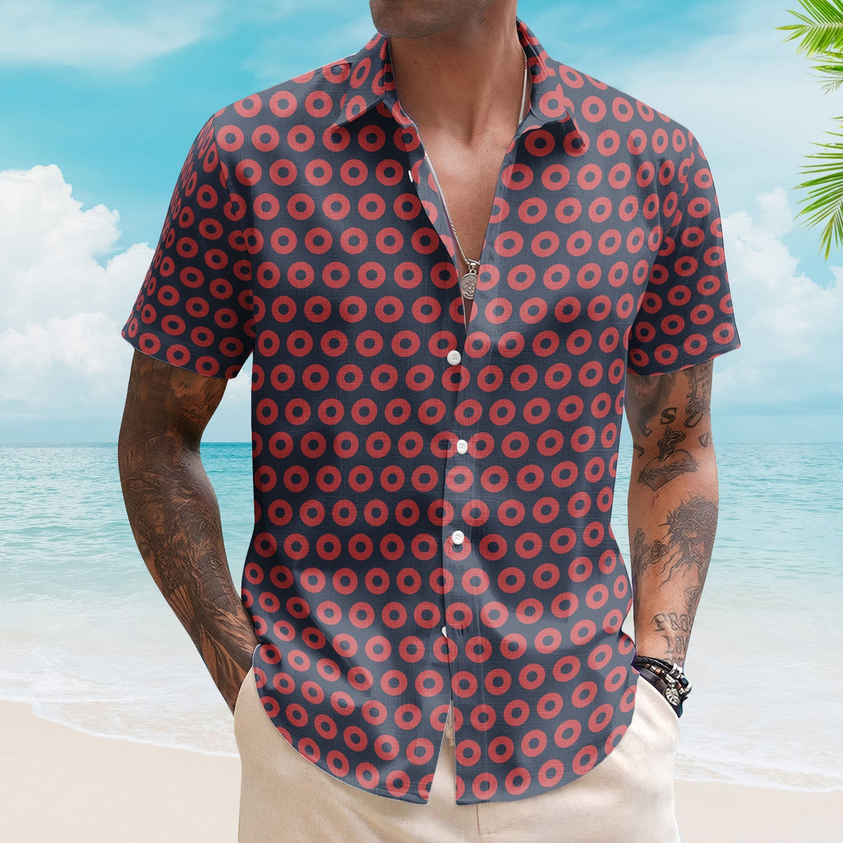 Navy and Red Phish Fishman Donut Unisex Hawaiian Shirt Retro Music Aloha Button-Up Shirt