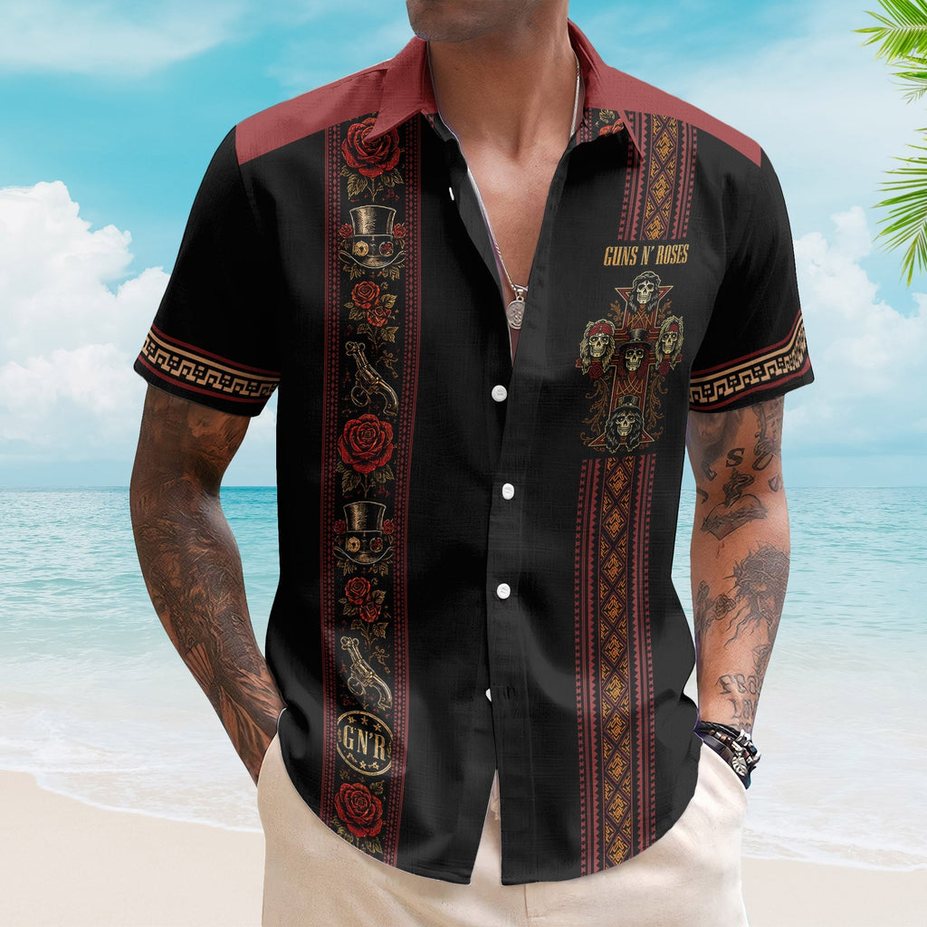 Guns N Roses Hawaiian Shirt - Unisex Black Burgundy Slash Top Hat Skull Summer Button Up