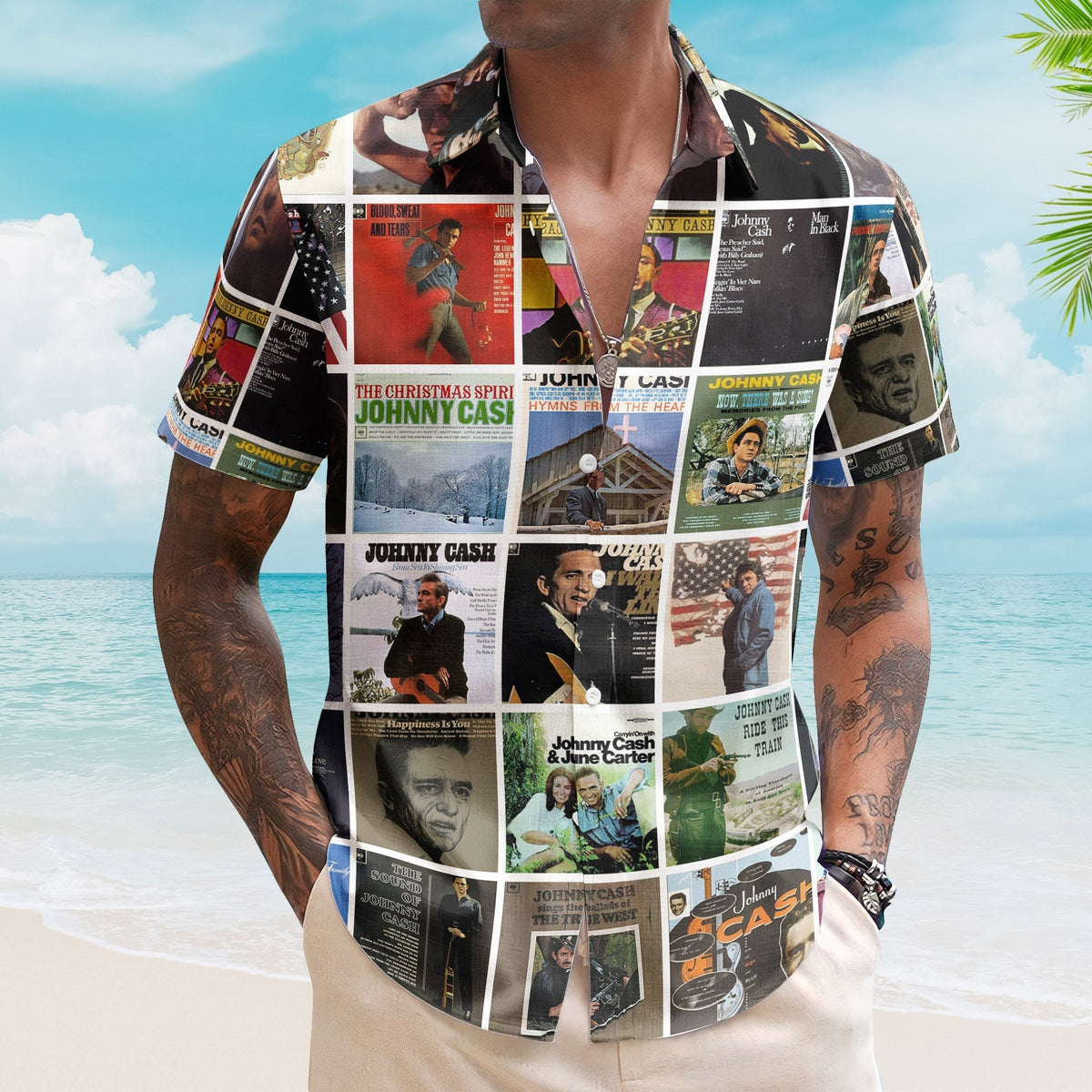 Johnny Cash Album Collage Hawaiian Shirt Country Rock Music Fan Shirt