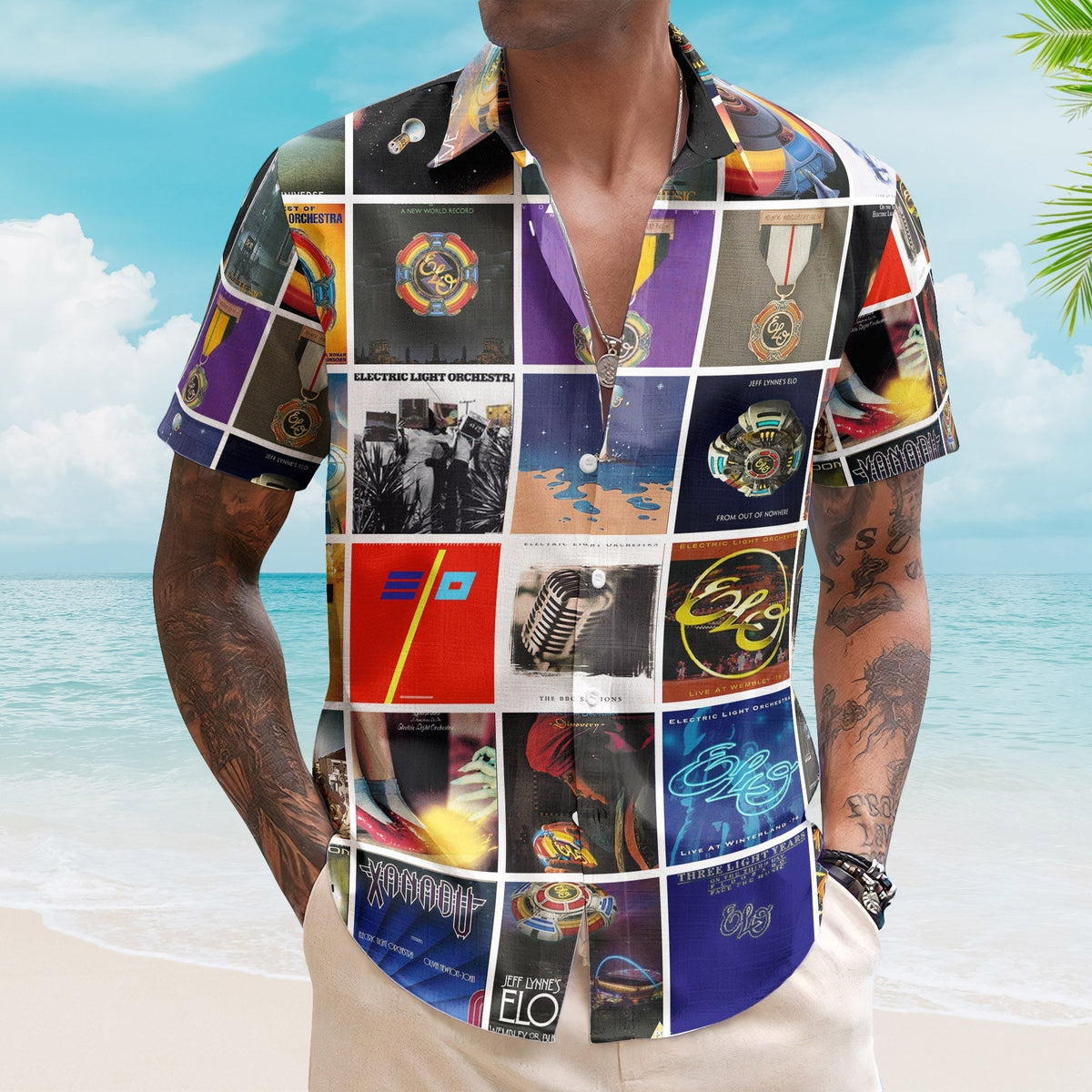 Electric Light Orchestra Hawaiian Shirt ELO Album Cover Collage Retro Summer Button Up