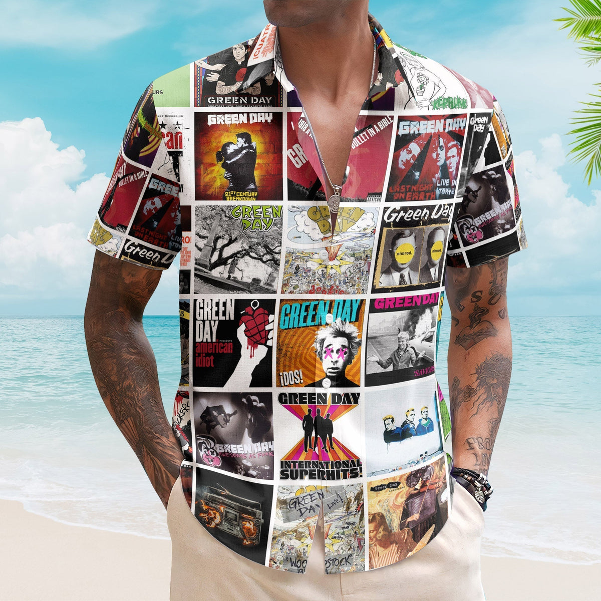 Green Day Album Collage Hawaiian Shirt Rock Band Fan Shirt