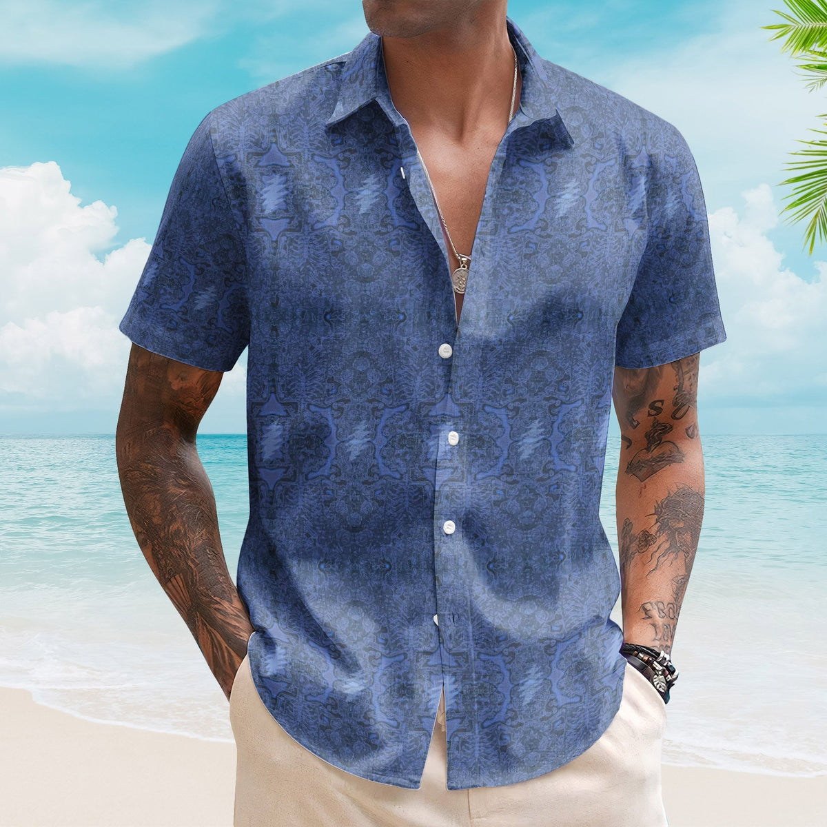 Viola Lee Blues II Electric Woodcut Skull & Roses Hawaiian Shirt Retro Music Grateful Dead Inspired Aloha Shirt )