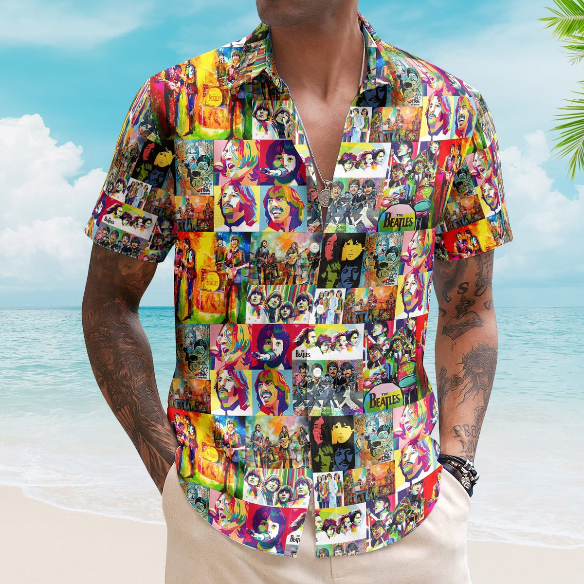 The Beatles Hawaiian Shirt Pop Art Collage Psychedelic Rock Summer Button Up