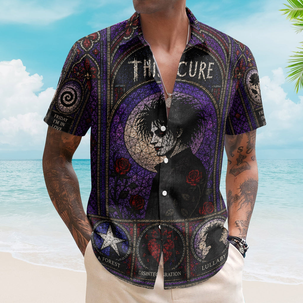 The Cure Gothic Stained Glass Hawaiian Shirt - Unisex Post Punk Dark Wave Alternative Beach Button Up