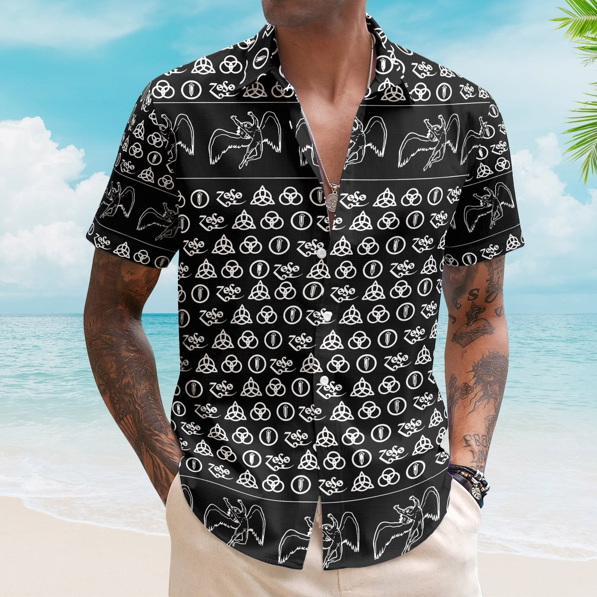 Led Zeppelin ZoSo Monogram Hawaiian Shirt Unisex Swan Song Angel Graphic Collage Button Up