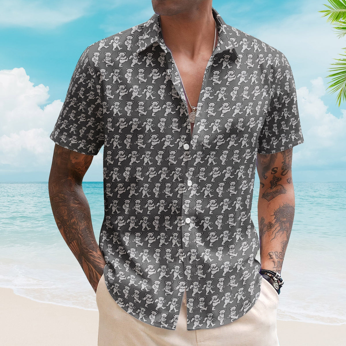 Grateful Dead Dancing Bears Retro Grey Monogram Summer Hawaiian Shirt Retro Music Album Art Inspired Shirt