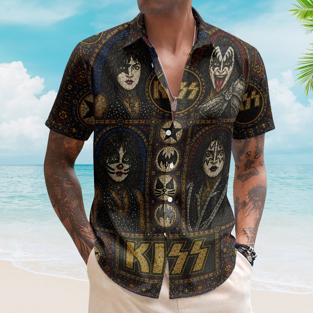 Kiss Band Gene Simmons Paul Stanley Face Paint Hawaiian Shirt - Unisex Hard Rock Concert Summer Button Up