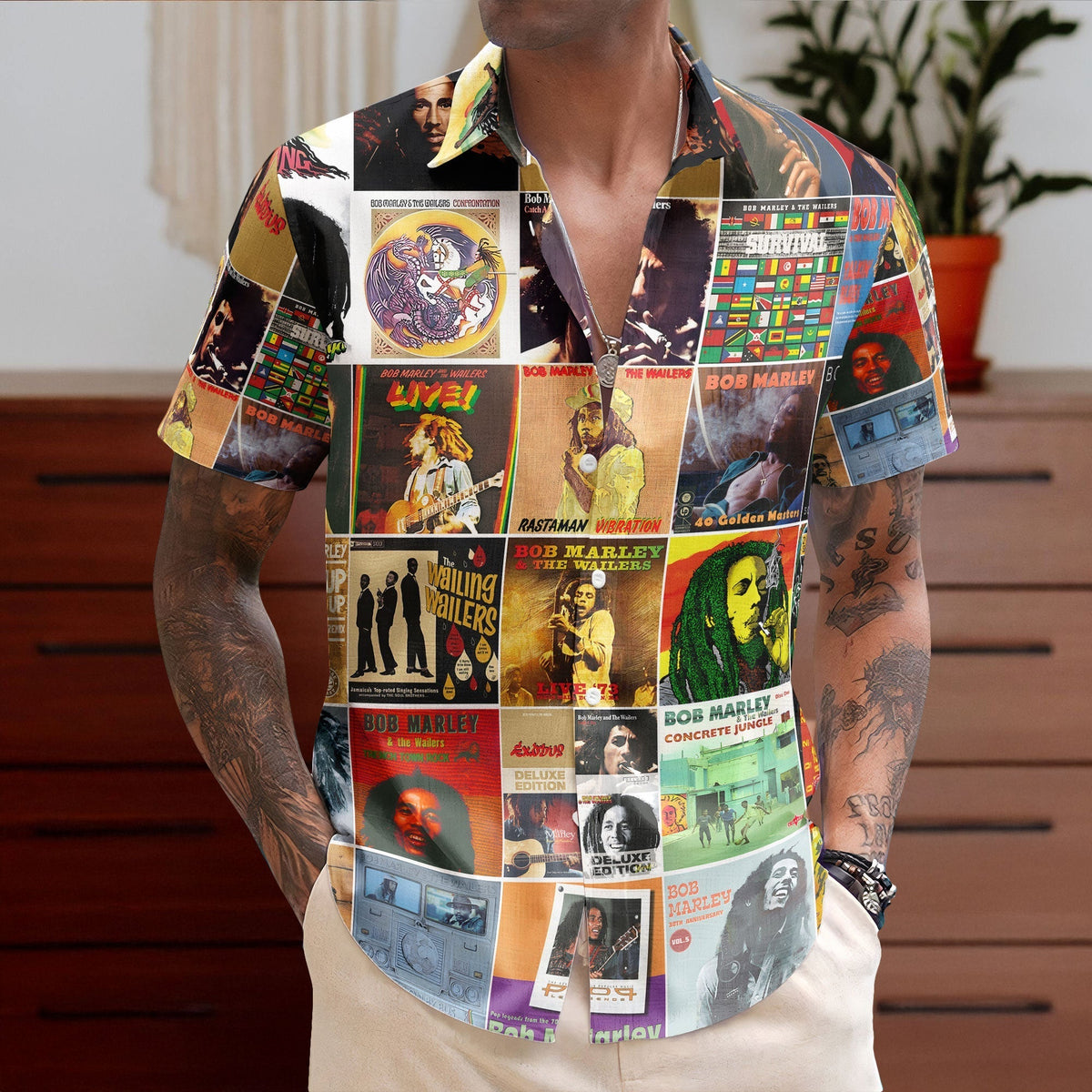 Bob Marley Hawaiian Shirt Album Cover Collage Reggae Summer Button Up