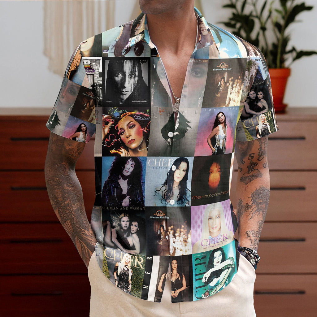 Cher Hawaiian Shirt Album Cover Collage Pop Icon Summer Button Up
