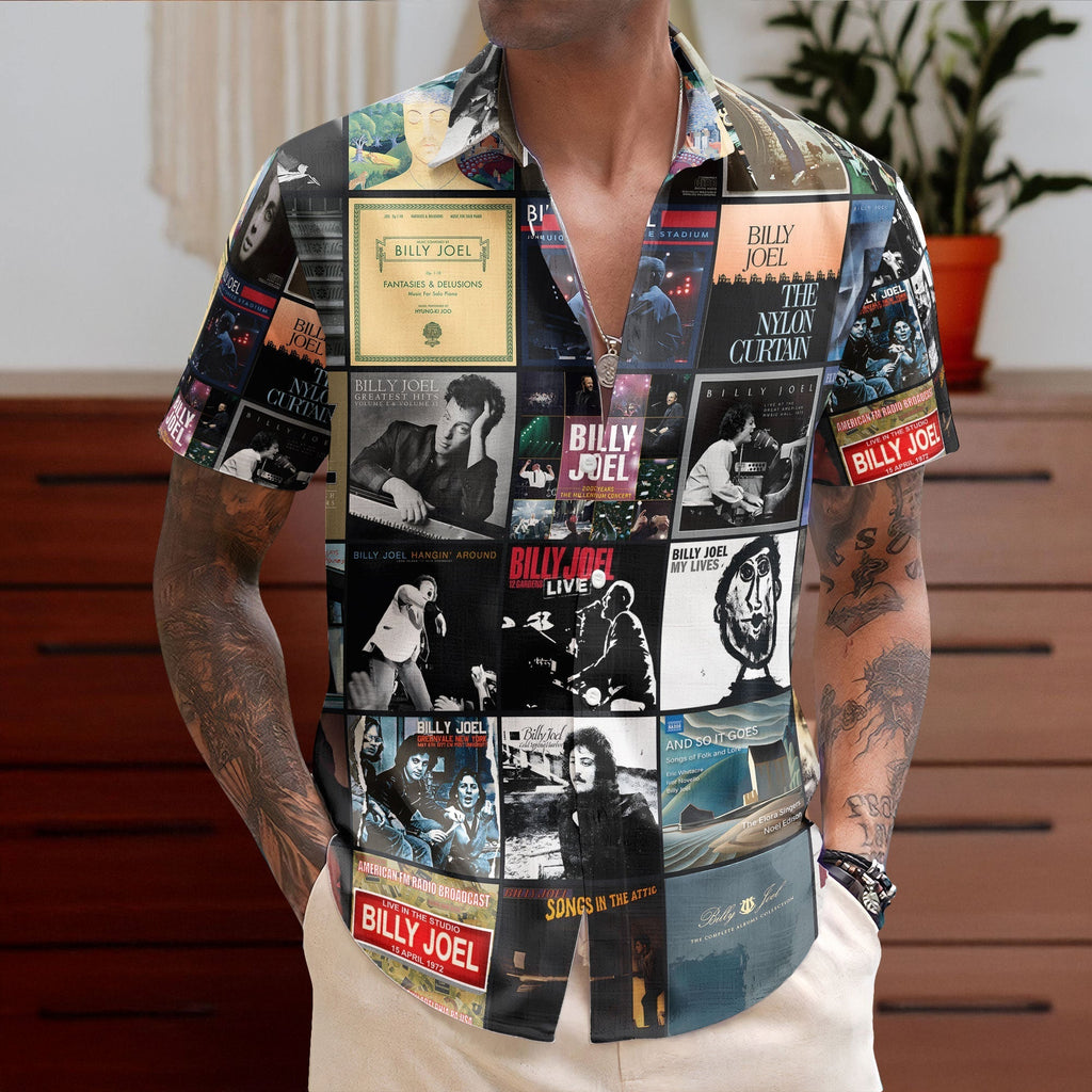 Billy Joel Hawaiian Shirt Album Cover Collage Classic Rock Summer Button Up