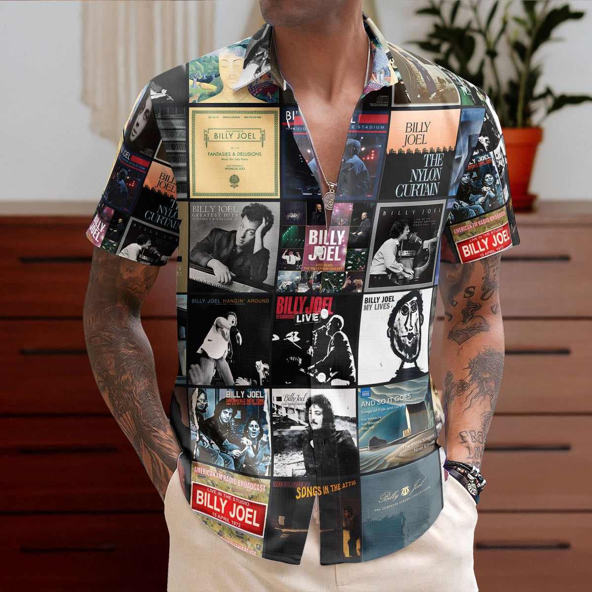 Billy Joel Hawaiian Shirt Album Cover Collage Classic Rock Summer Button Up