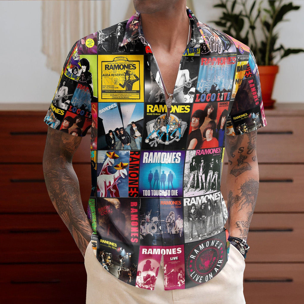 Ramones Hawaiian Shirt Album Cover Collage Punk Rock Summer Button Up