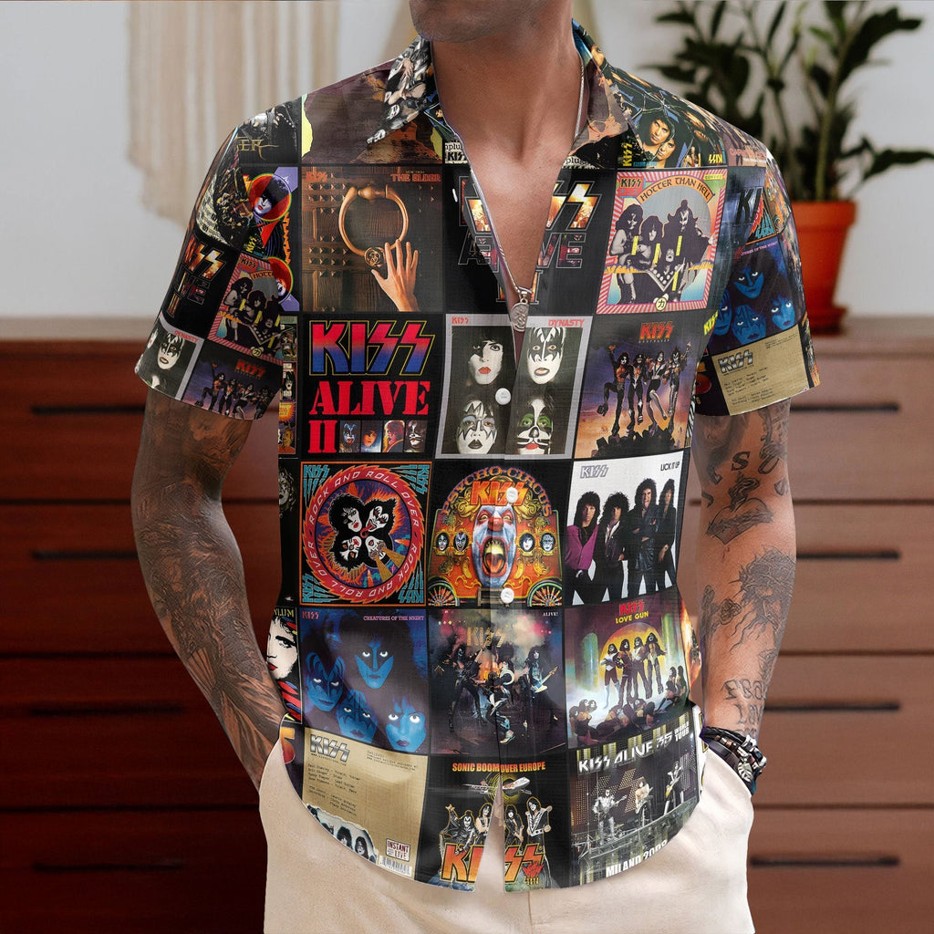 KISS Hawaiian Shirt Album Cover Collage Glam Rock Summer Button Up