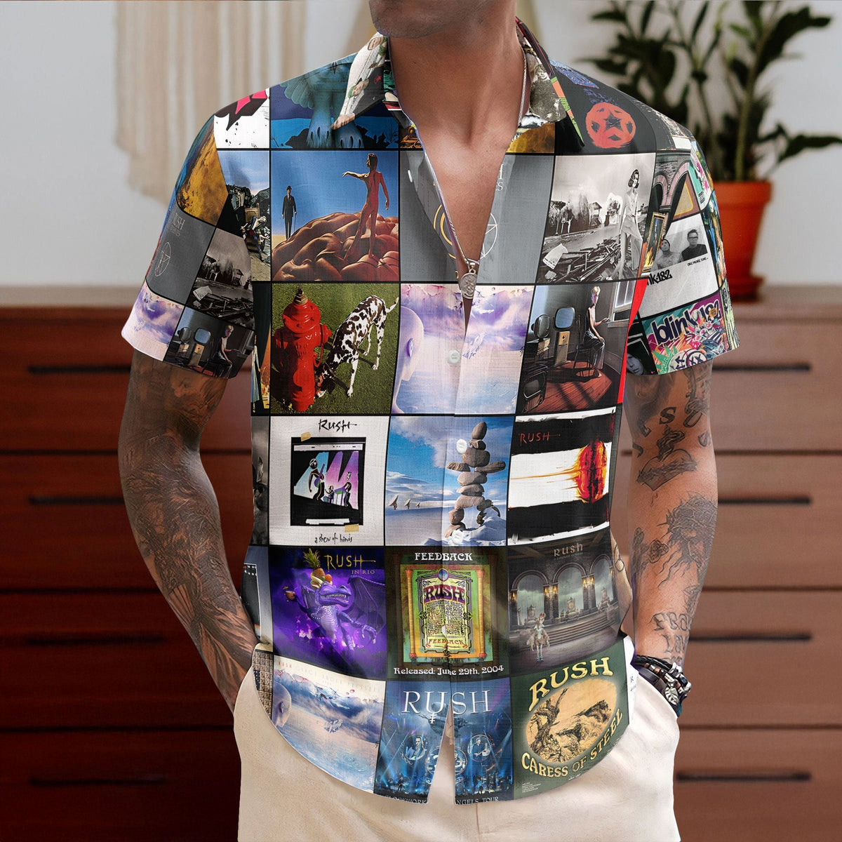 Rush Hawaiian Shirt Album Cover Collage Progressive Rock Summer Button Up