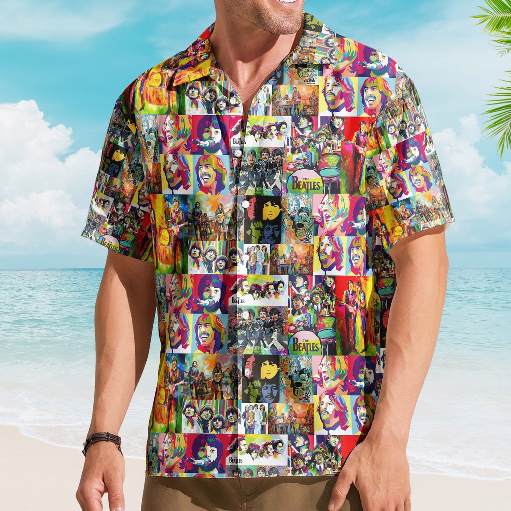 The Beatles Hawaiian Shirt Pop Art Collage Psychedelic Rock Summer Button Up