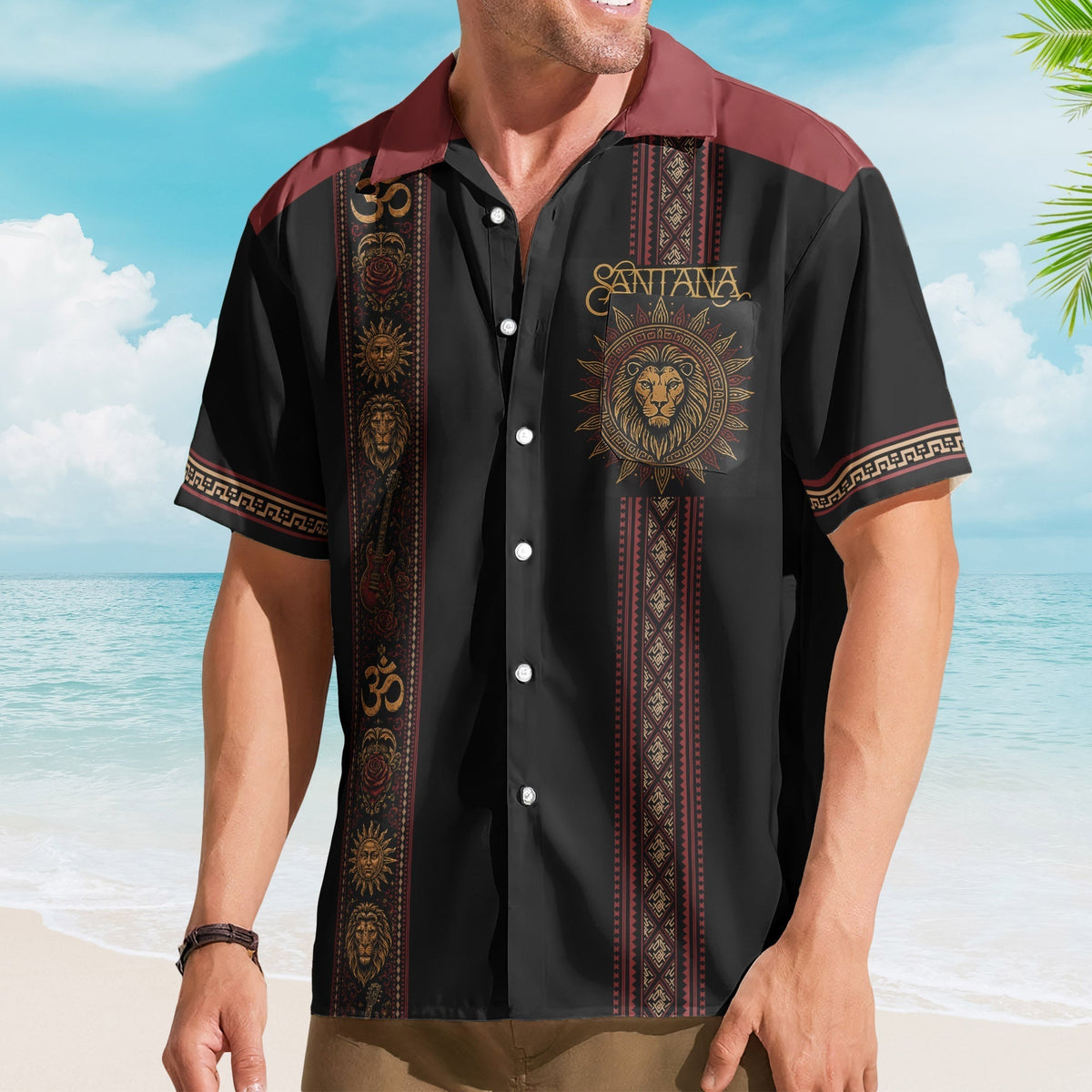 Santana Hawaiian Shirt - Unisex Retro Sun Lion Om Symbol Vertical Stripe Button Up