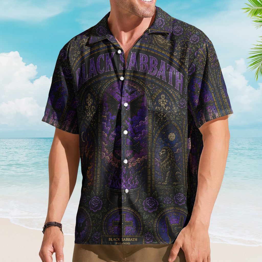 Black Sabbath Hawaiian Shirt - Unisex Retro Doom Rock Purple Cathedral Window Button Up
