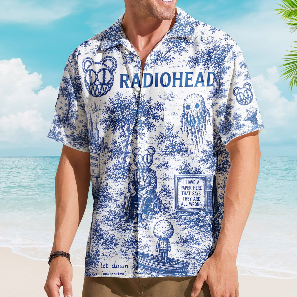 Radiohead Hawaiian Shirt - Unisex Modified Bear Blue White Porcelain Button Up