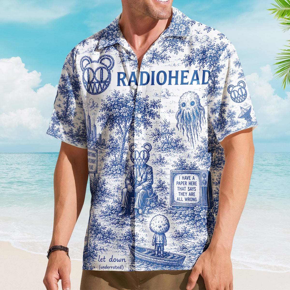Radiohead Hawaiian Shirt - Unisex Modified Bear Blue White Porcelain Button Up