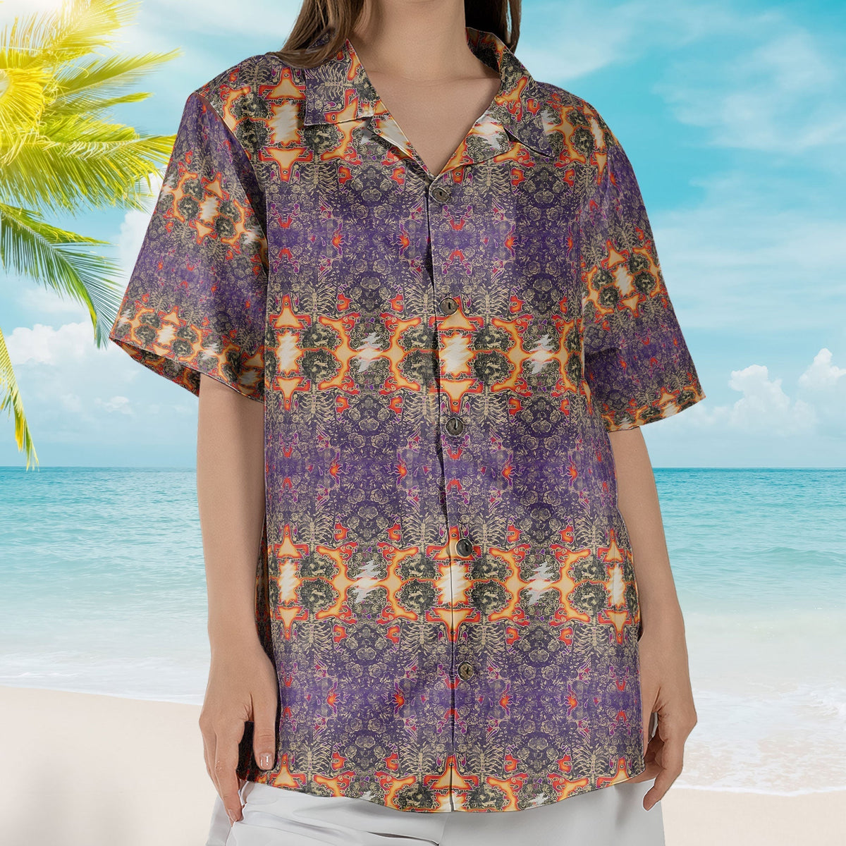 Grateful Dead Inspried Unisex Hawaiian Shirt Skull & Roses Bolt All-Over Print Button-Up