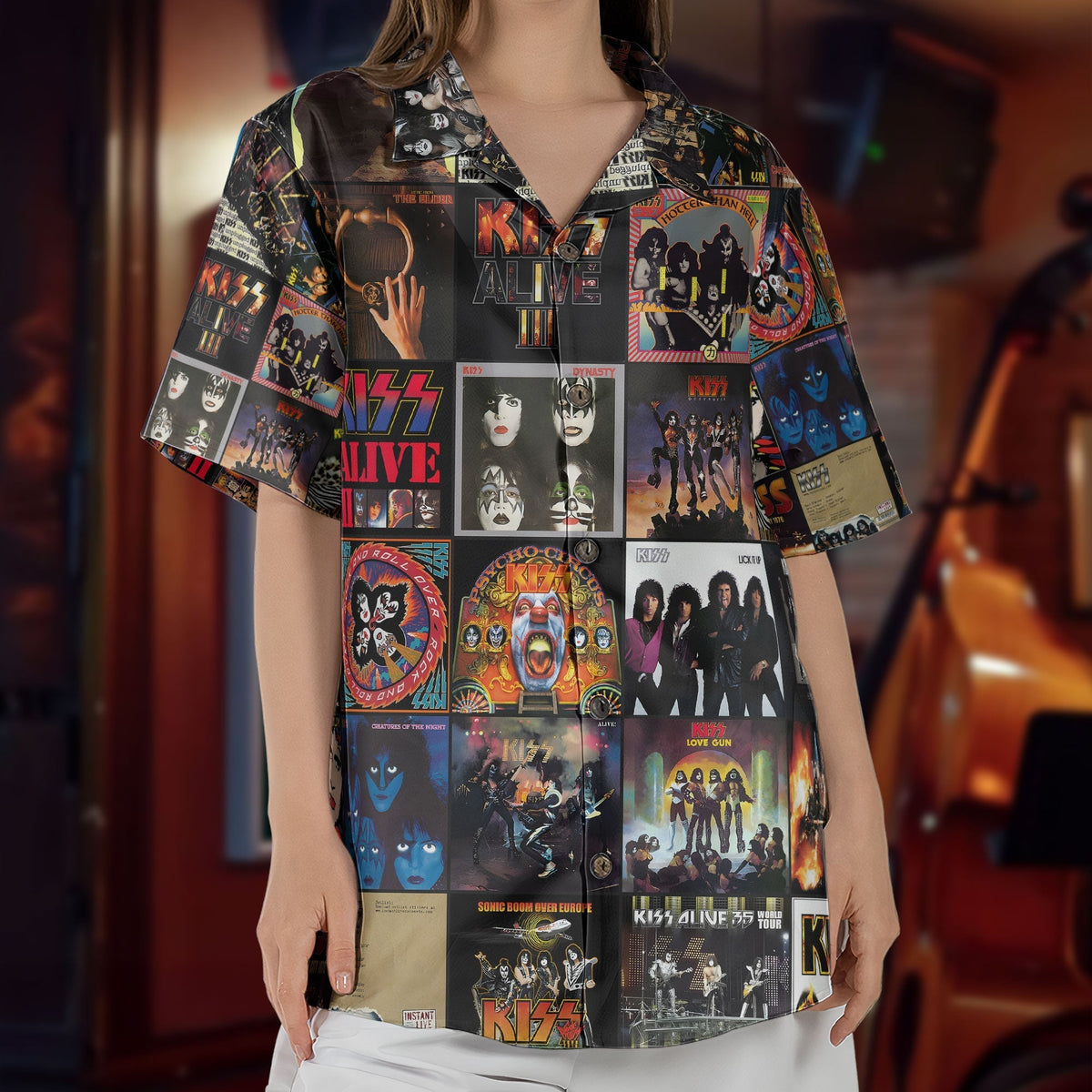 KISS Hawaiian Shirt Album Cover Collage Glam Rock Summer Button Up