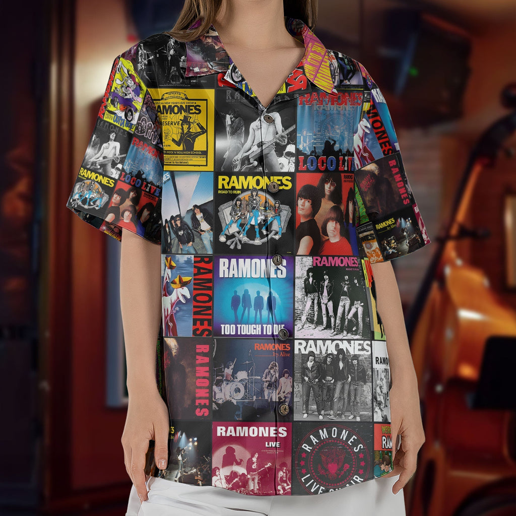 Ramones Hawaiian Shirt Album Cover Collage Punk Rock Summer Button Up