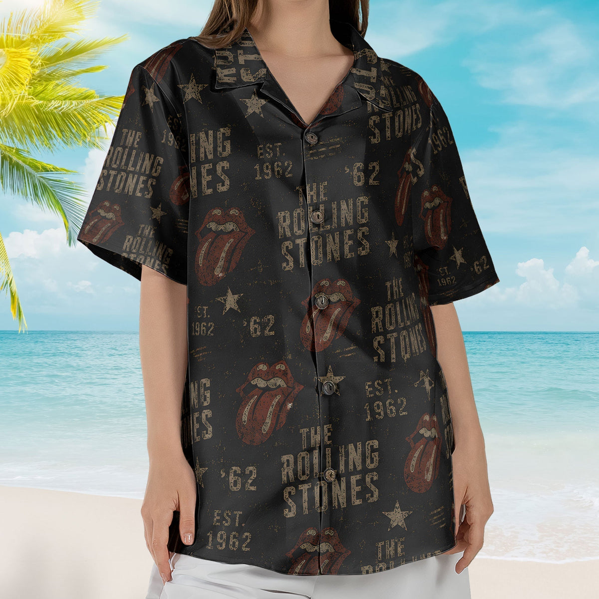 The Rolling Stones Hawaiian Shirt - Unisex Classic Rock Tongue Logo Black Button Up