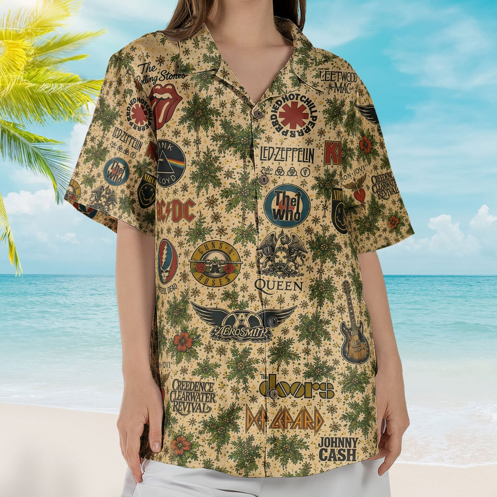 Classic Rock Band Logos Hawaiian Shirt - Unisex Cream Floral Rock Legends Collage Resort Wear