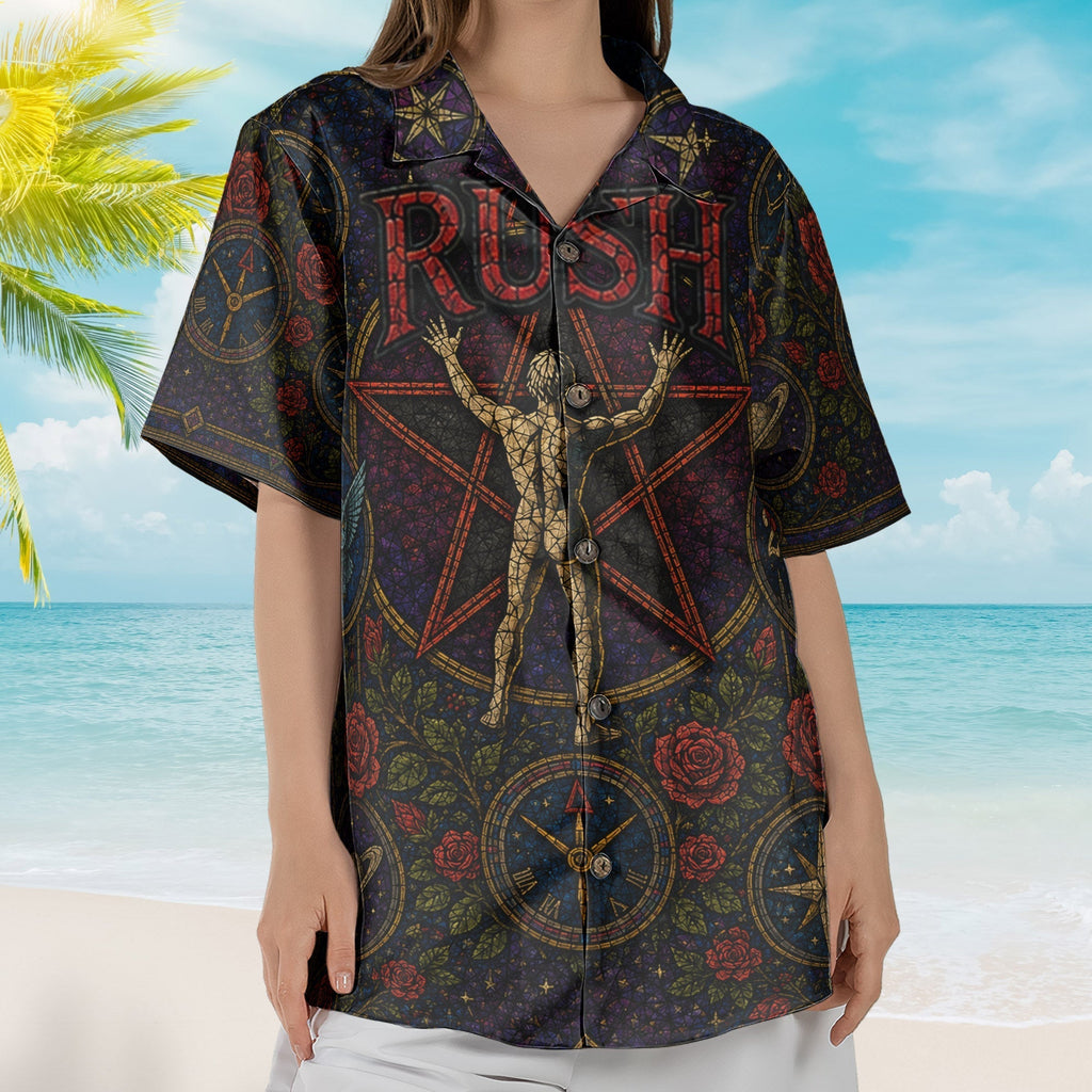 Rush Gothic Stained Glass Hawaiian Shirt - Unisex Heavy Prog Rock Concert Tour Beach Button Up