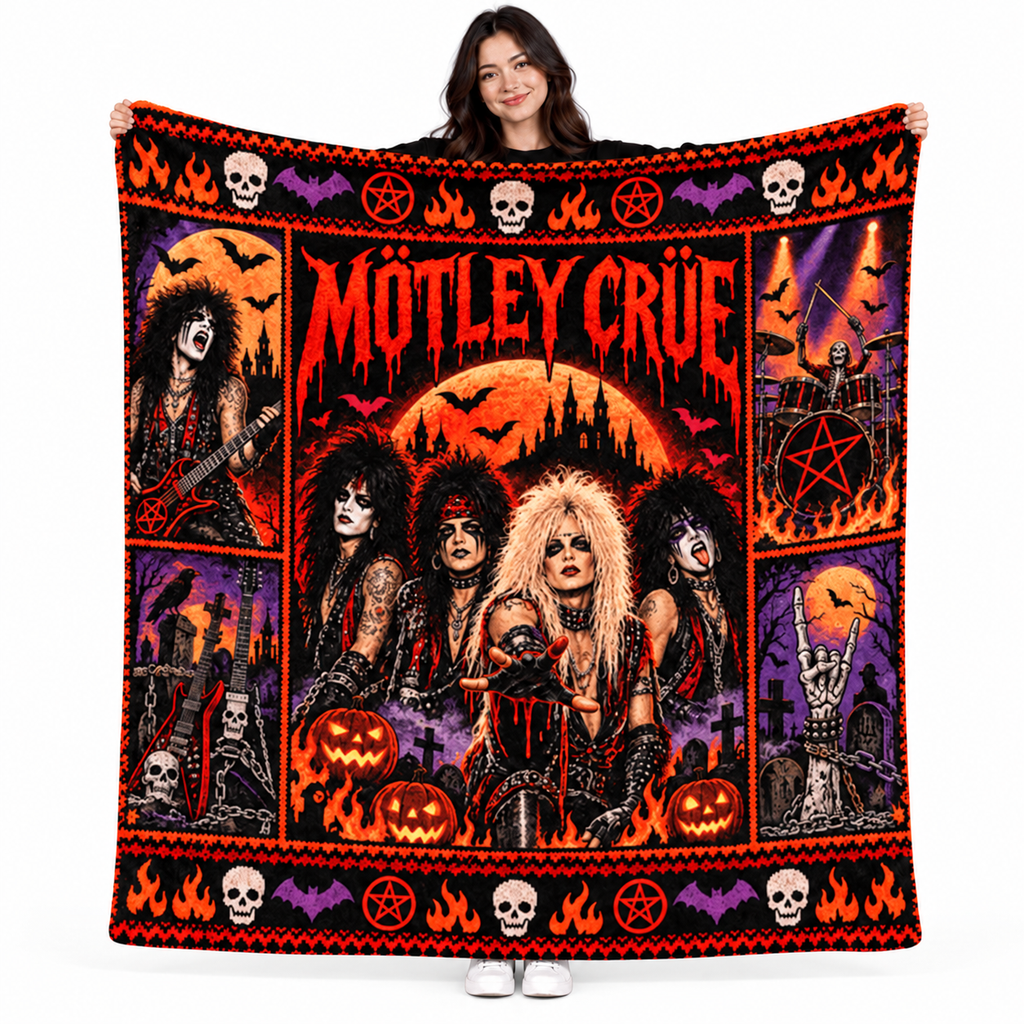Motley Crue Orange Band Portraits Fleece Blanket For Spooky Halloween Rock Nights NDN 1